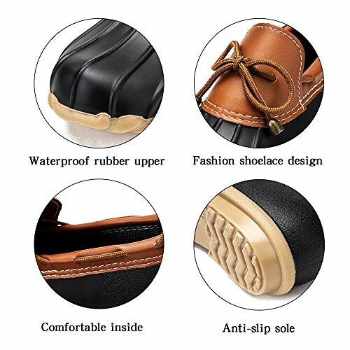 Four features of shoes: waterproof rubber upper, fashion shoelace design, comfortable inside, anti-slip sole.